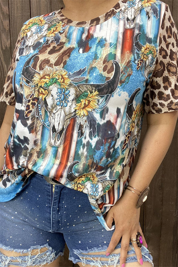 Plus size Bull skull & sunflower printed leopard short sleeve women tops XCH12468 GS11