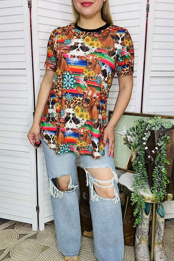 Western women's t-shirt Serape & cow jewels printed w/short sleeve BQ12530 IS19