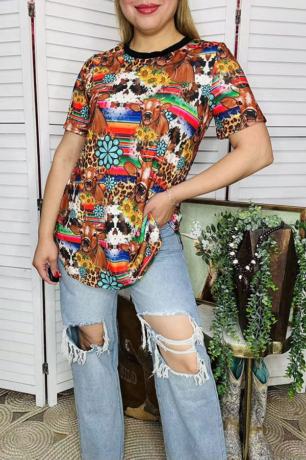 Western women's t-shirt Serape & cow jewels printed w/short sleeve BQ12530 IS19