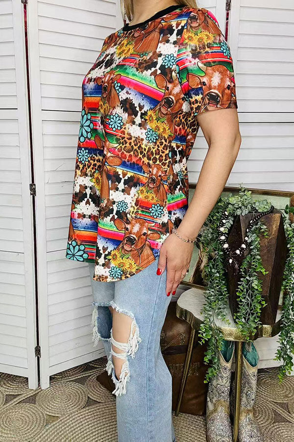 Western women's t-shirt Serape & cow jewels printed w/short sleeve BQ12530 IS19