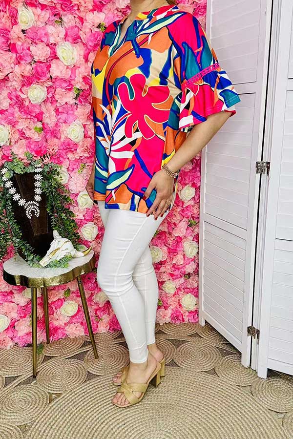 Women's boutique clothing suppliers Multi Color floral & bell sleeve & pink trim tops BQ15684 ES5