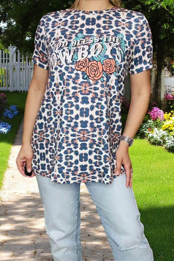 Women's t-shirt wholesale w/GOD BLESS THE COWBOYS Leopard prints XCH11957 IS15