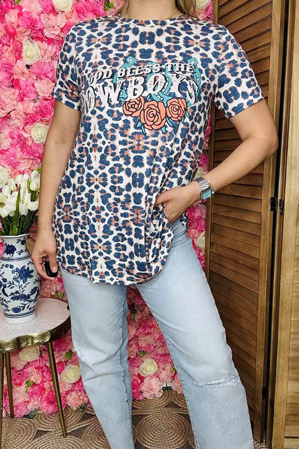Women's t-shirt wholesale w/GOD BLESS THE COWBOYS Leopard prints XCH11957 IS15