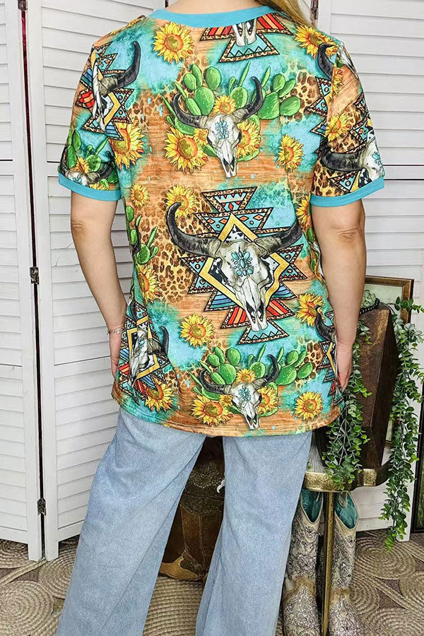 Western women  t-shirt Turquoise bull skull & Aztec printed short sleeve XCH12473 (GS8)