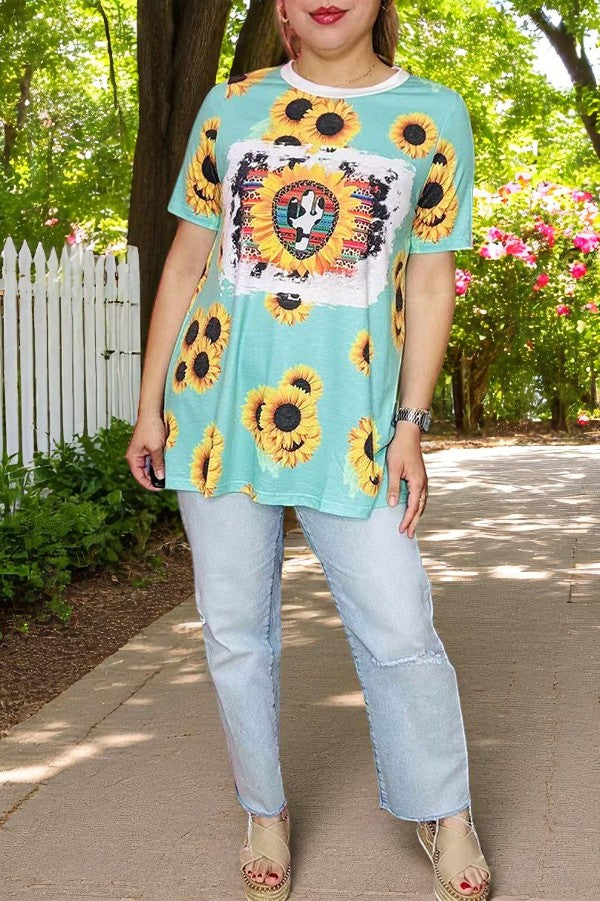 Western clothing wholesale Blue Sunflower printed serape t-shirt XCH12577 (GS8)