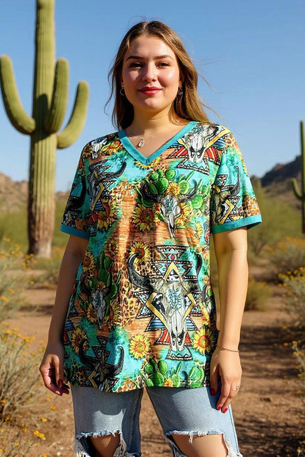 Western women  t-shirt Turquoise bull skull & Aztec printed short sleeve XCH12473 (GS8)