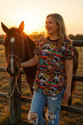 Western women's t-shirt Serape & cow jewels printed w/short sleeve BQ12530 IS19