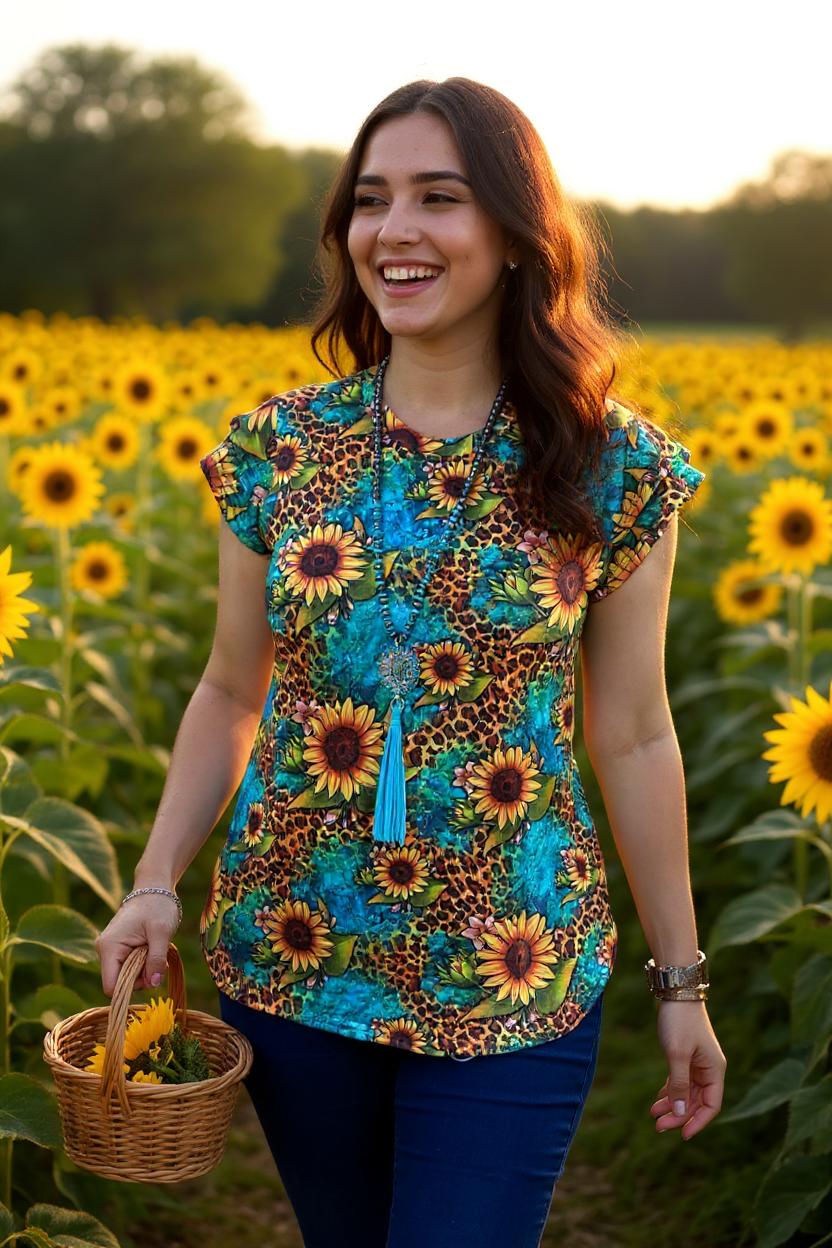 Western women t-shirt w/Leopard & sunflower printed & short sleeves BQ12543 (GS5)