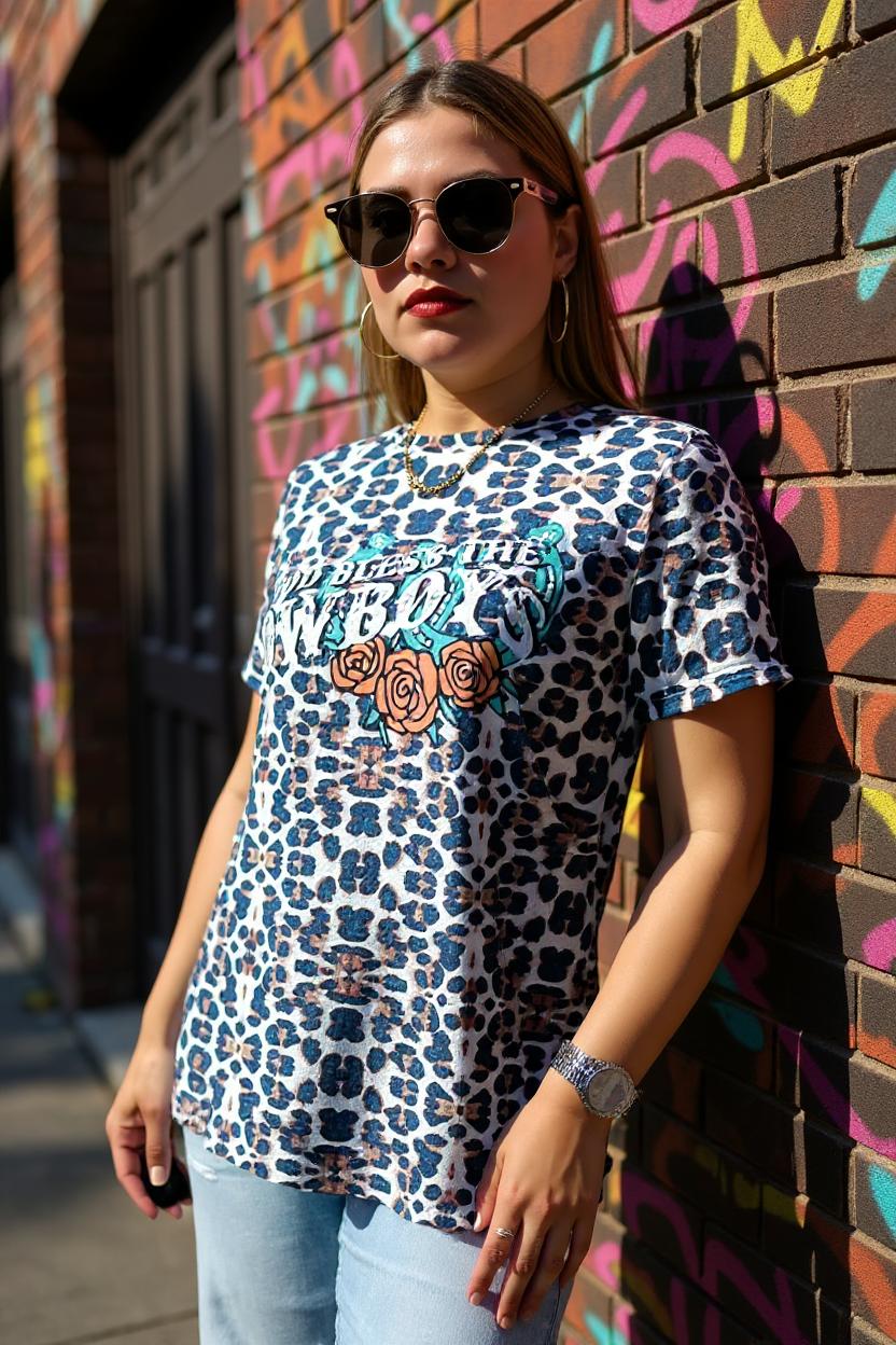 Women's t-shirt wholesale w/GOD BLESS THE COWBOYS Leopard prints XCH11957 IS15