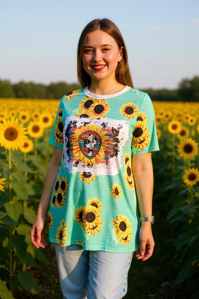 Western clothing wholesale Blue Sunflower printed serape t-shirt XCH12577 (GS8)