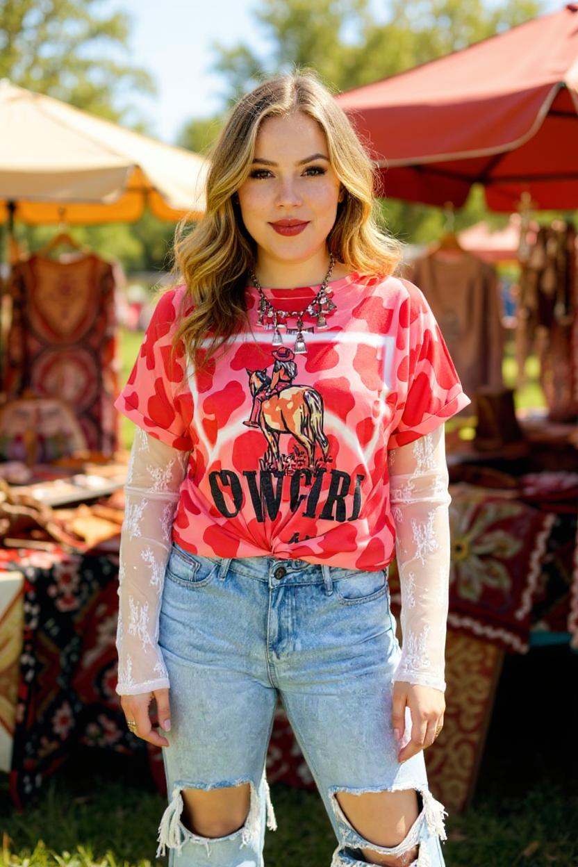 Western women t-shirt w/Pink leopard "COWGIRL"printed short sleeves XCH14369