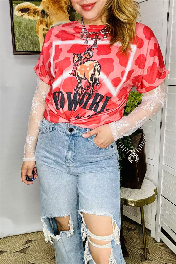 Western women t-shirt w/Pink leopard "COWGIRL"printed short sleeves XCH14369